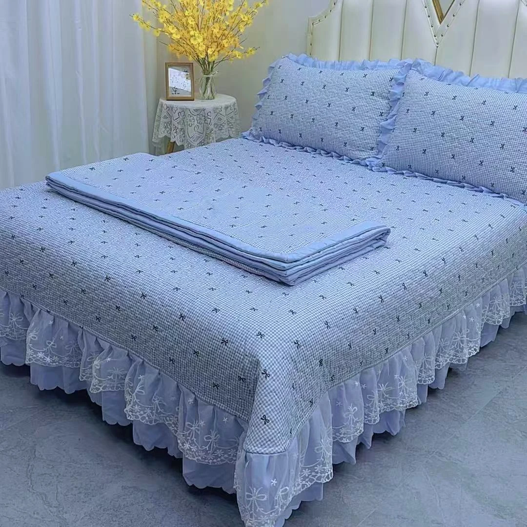 韩版夏凉被四件套床盖蕾丝花边三件套亲肤透气防滑床单夏凉被床品