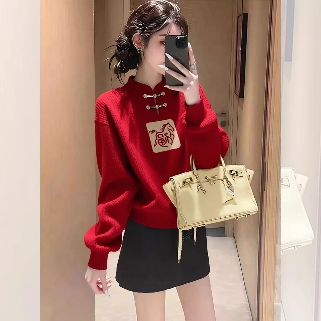 新中式国风盘扣红色毛衣针织衫女秋冬新款本命年马年衣服打底上衣
