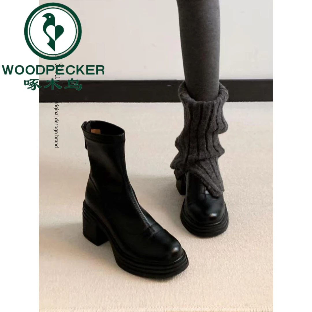 啄木鸟复古粗跟短靴女2025新款秋冬百搭马丁靴小个子高跟瘦瘦靴