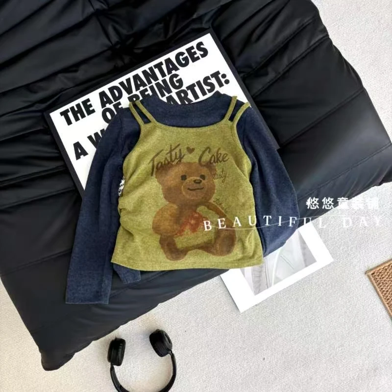 2025秋季新款女童休闲洋气韩版印花吊带打底上衣两件装