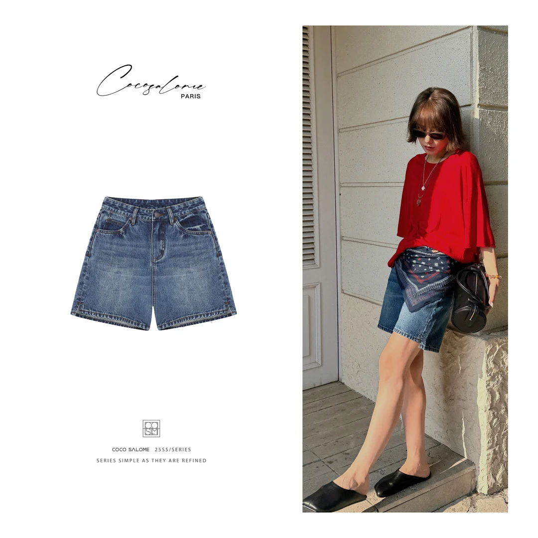 韩彬彬CS"神裤"100棉复古水洗显瘦直筒小开衩牛仔短裤1334-(6)