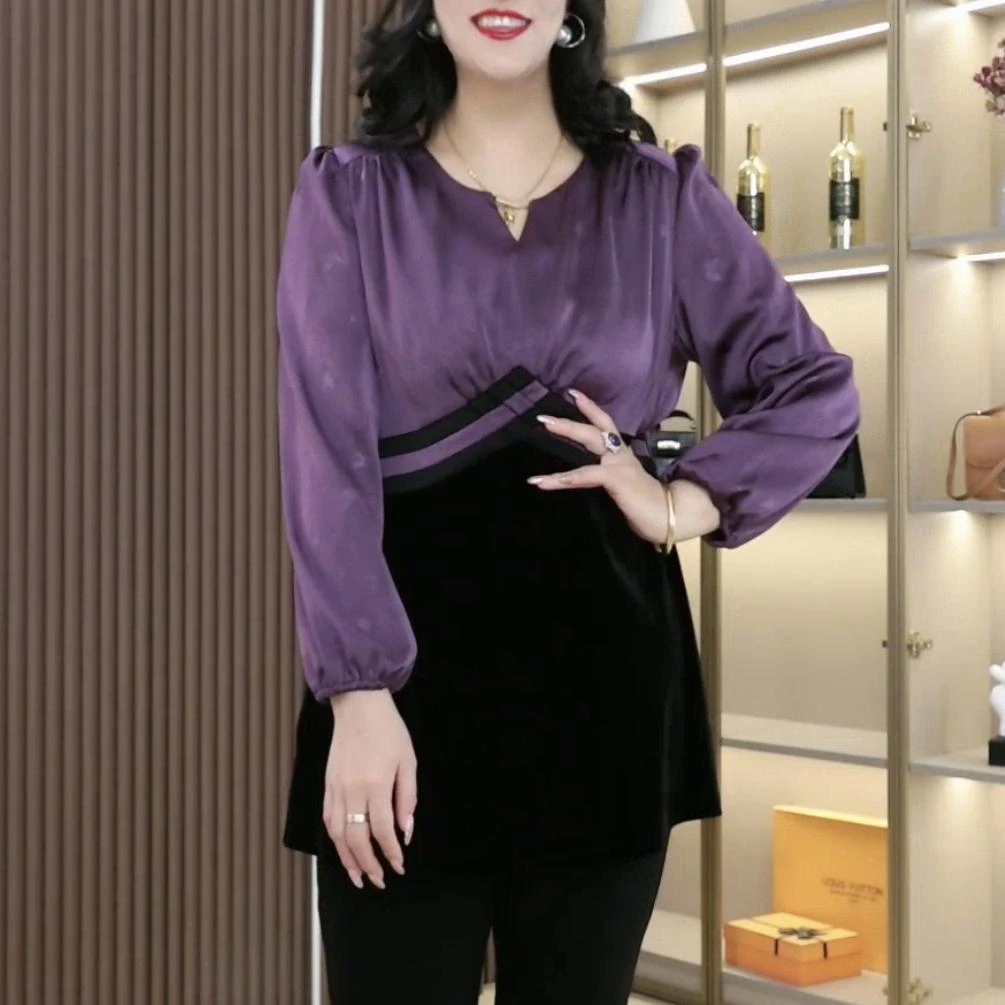 2025春秋新款大码女装拼接气质宽松显瘦遮肉显瘦上衣ZB6593