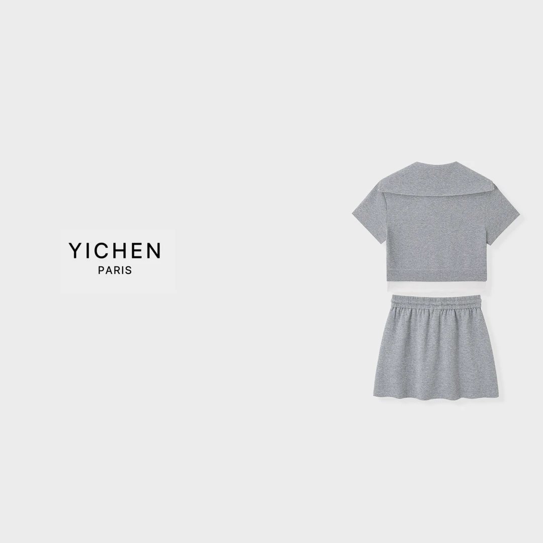 YC 花灰色字母徽标翻领半拉链拼接短袖/抽绳徽标半身裙-3405