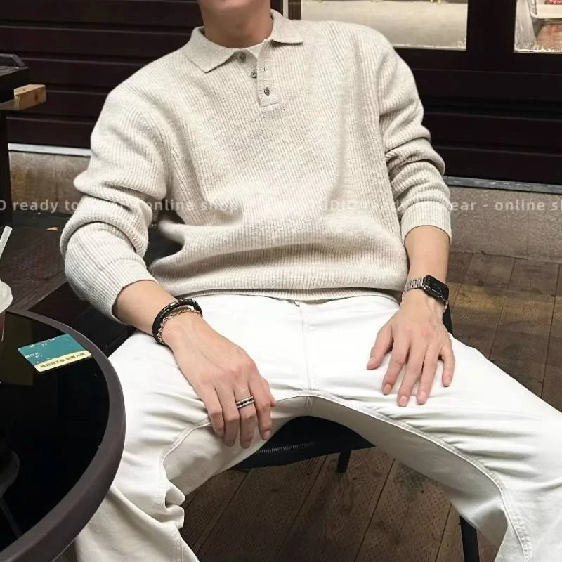 秋季软糯重磅加厚针织polo毛衣长袖休闲简约纯色潮流商务翻领
