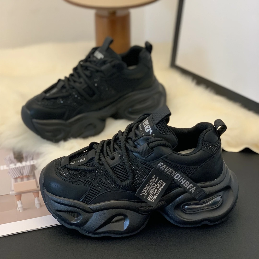 厚底增高6cm小个子专属网面水钻老爹鞋女2025秋季爆款潮酷休闲鞋