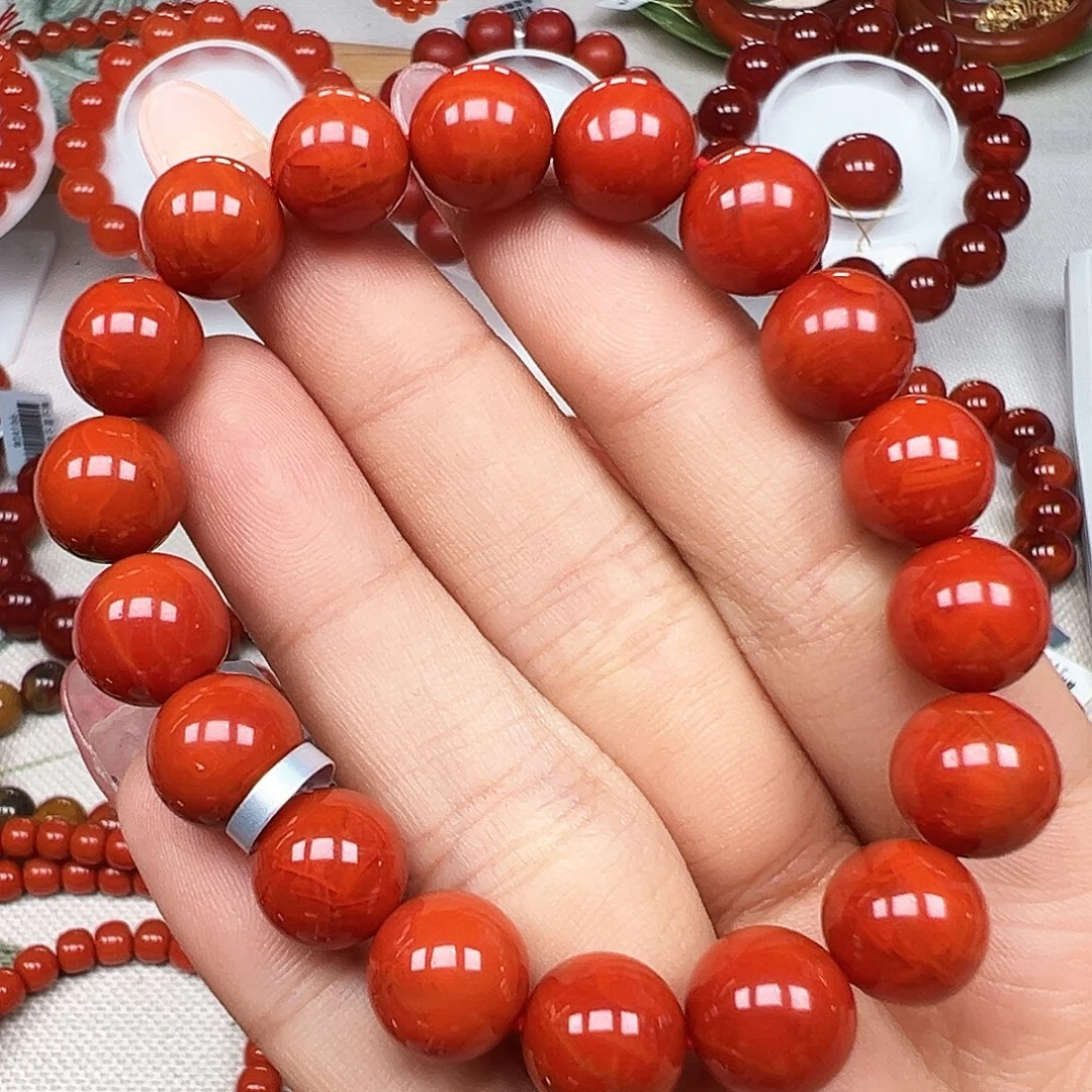 南红玛瑙未镶嵌手串精品 瓦西满肉柿子锦卡10mm+