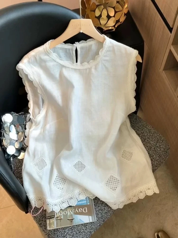 白色背心无袖衬衫老钱风夏季通勤宽松直筒坎肩法式小衫休闲上衣女