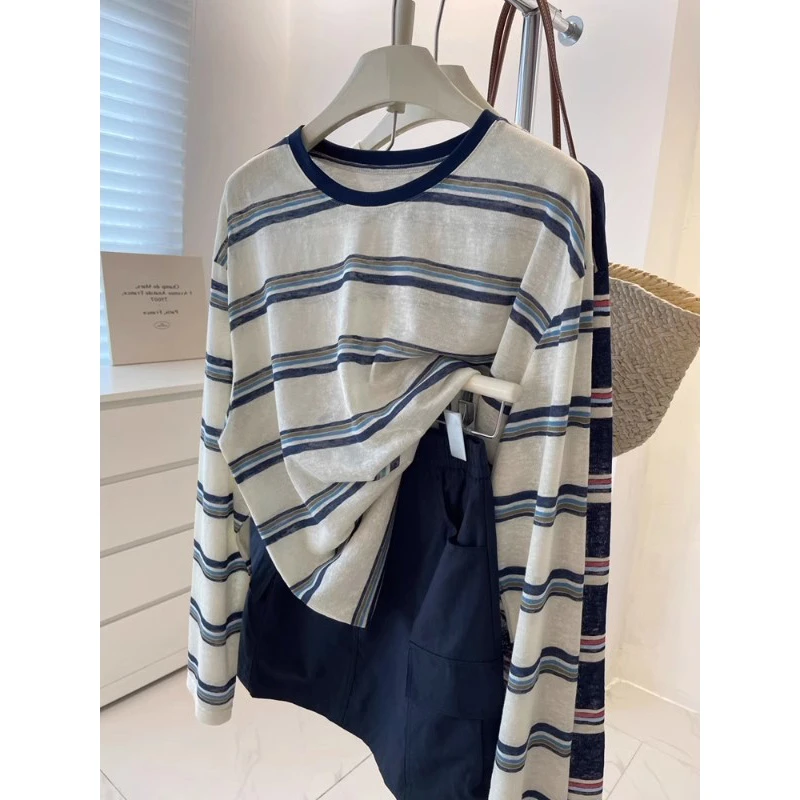 胖mm2-300斤复古撞色条纹T恤秋季新款薄款慵懒风显瘦长袖休闲上衣