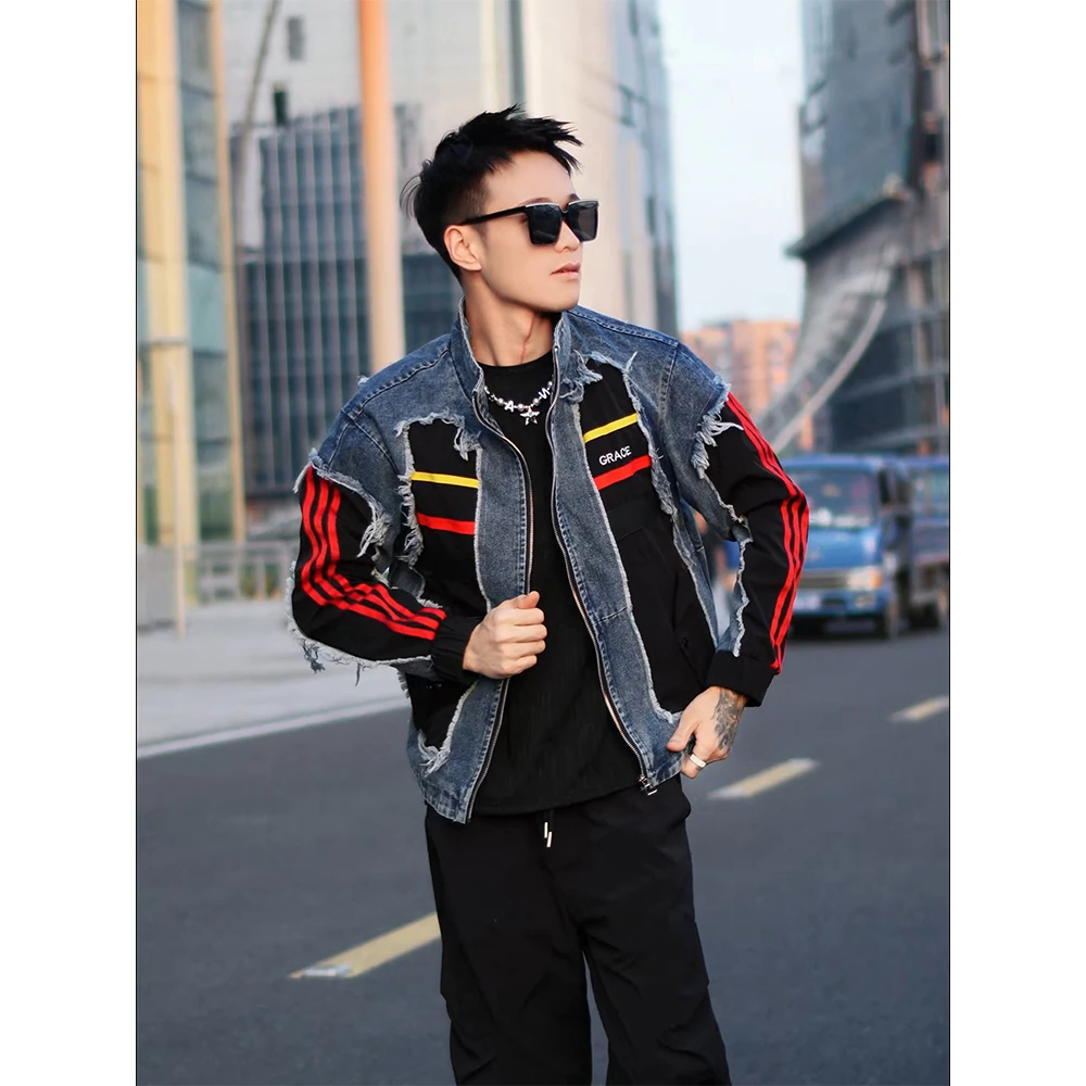 牛仔外套男款春秋季潮牌设计感条纹拼接上衣2025新款痞帅立领夹克