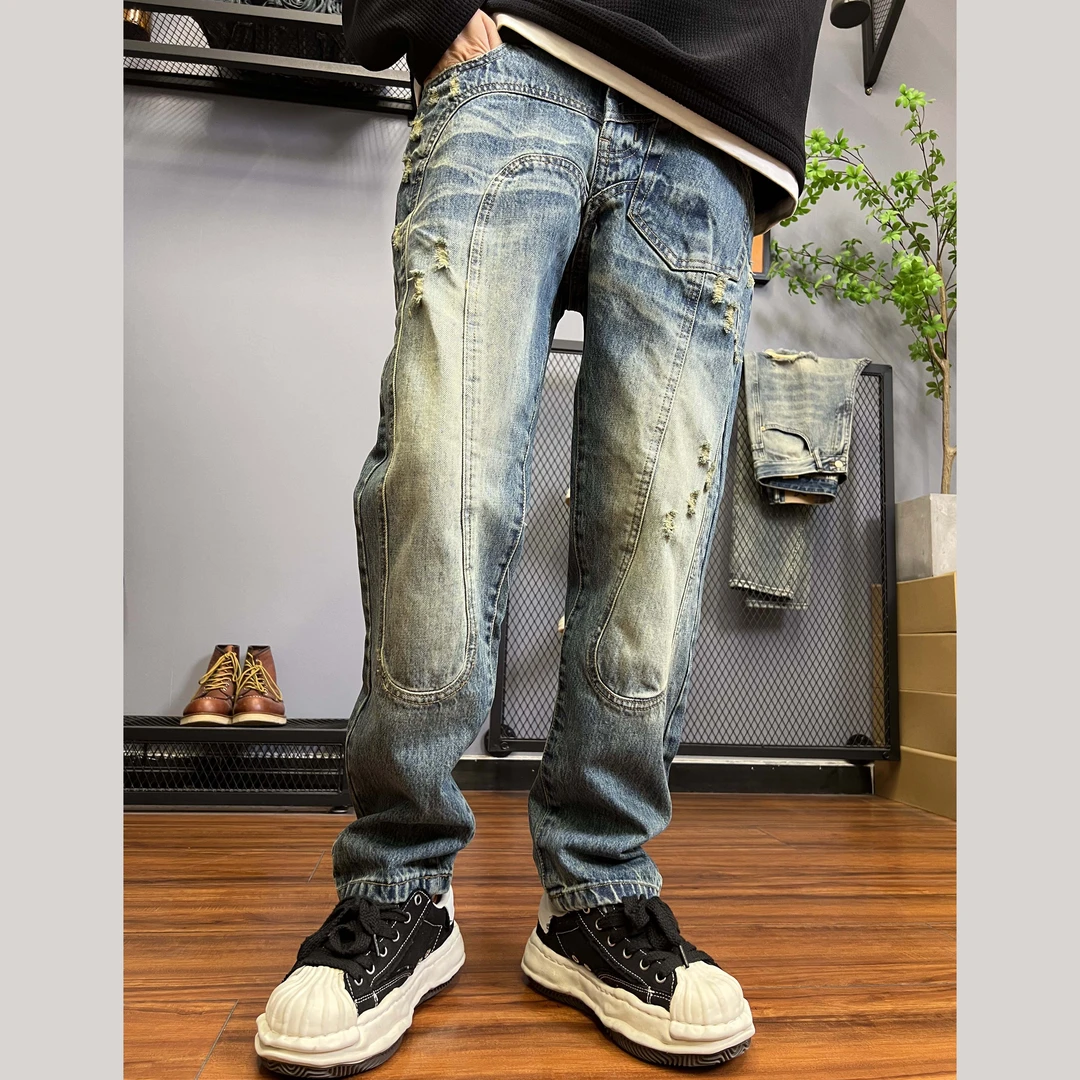 秋季款美式复古拼接潮款牛仔裤男机车风高街水洗做旧个性5879