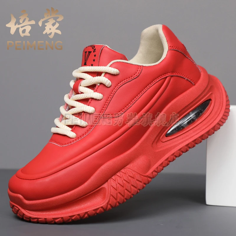 培蒙红色男鞋春季网红潮牌休闲运动跑步鞋气垫减震本命年老爹潮鞋