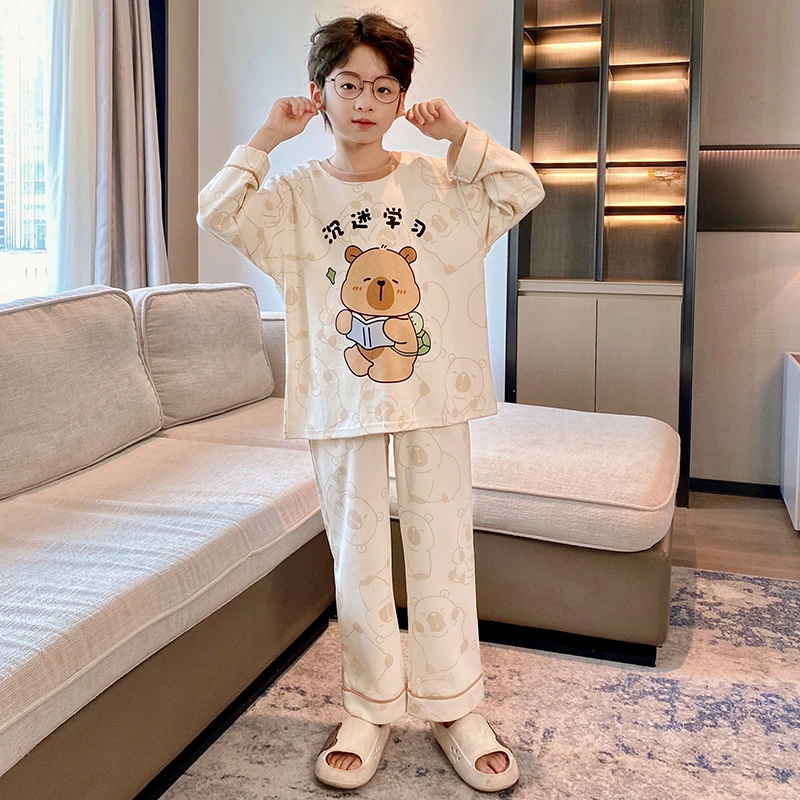 伊束姿男童睡衣春秋季纯棉薄款长袖儿童睡衣男孩初中生大童家居服