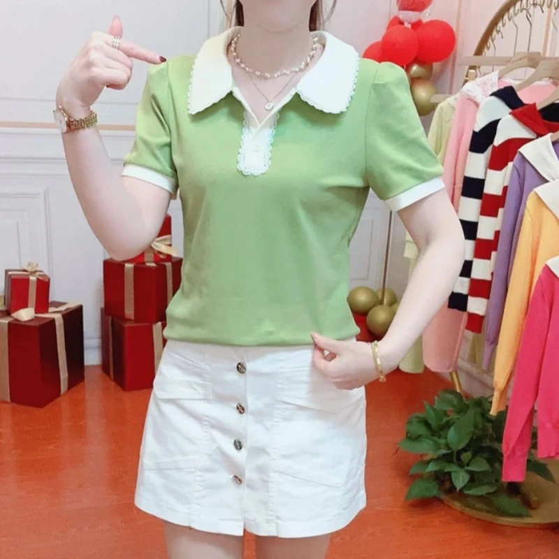洋气领口蕾丝拼接时尚百搭修身显瘦2025夏季新款短袖女Polo上衣