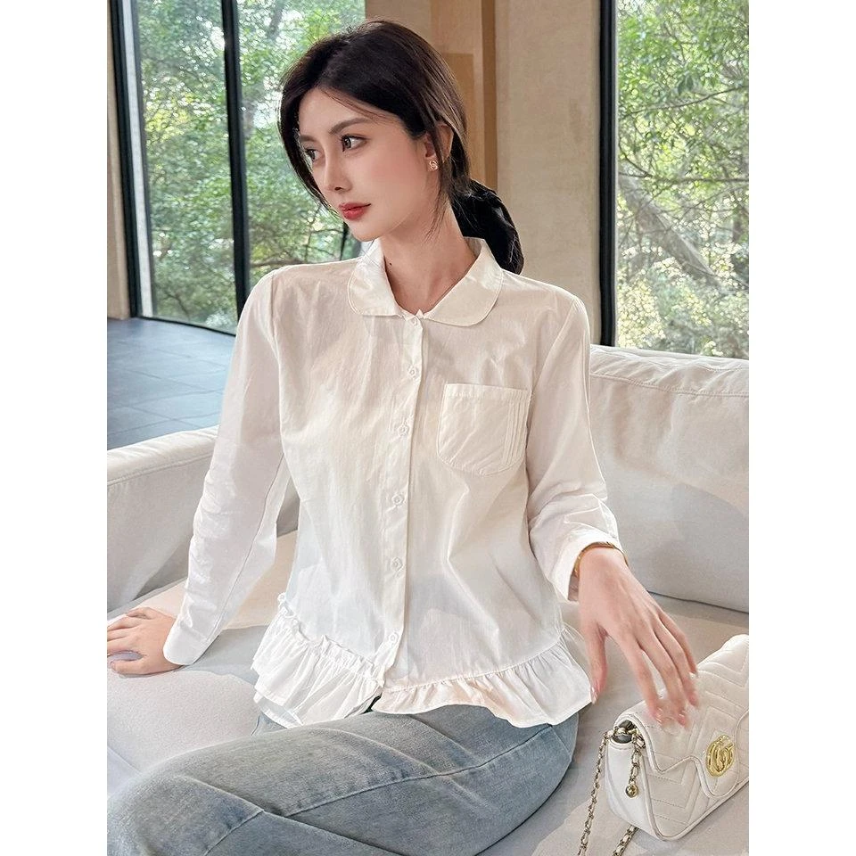 2025春装新款设计感荷叶边不规则百搭花边白色衬衫叠穿高级感上衣