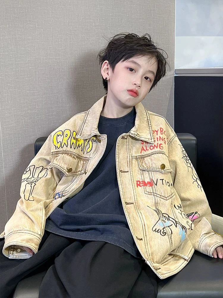 男童美式潮牌牛仔外套2025春秋季新款中大童宽松涂鸦痞帅夹克儿童