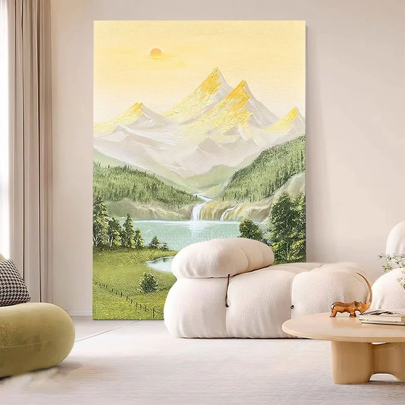 纯手绘山水风景油画日照金山碧水诧寂风客厅沙发背景墙装饰画挂画