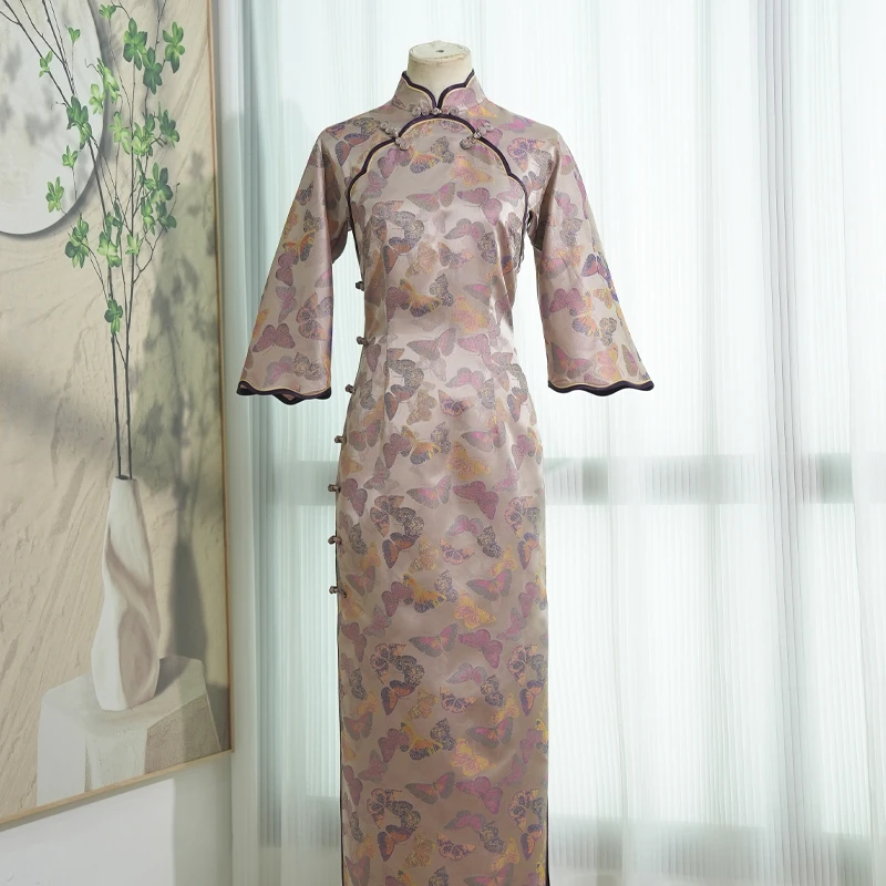 【彩蝶】主推 2024新款宋锦花瓣领波浪美龄襟荷叶袖古典旗袍