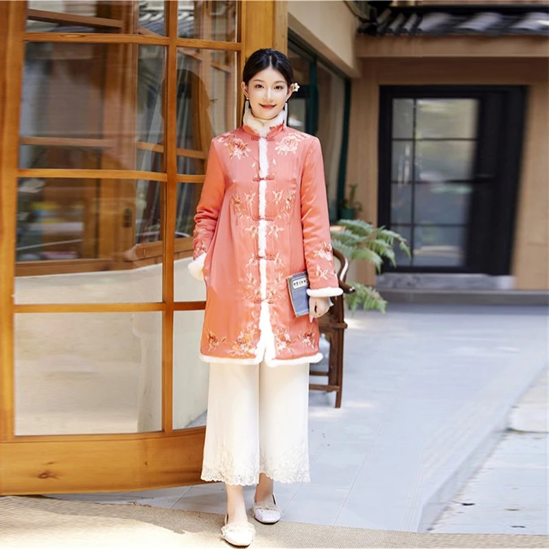 中式盘扣秋冬新款棉衣中长款绣花改良唐装汉服中国风复古外套棉袄