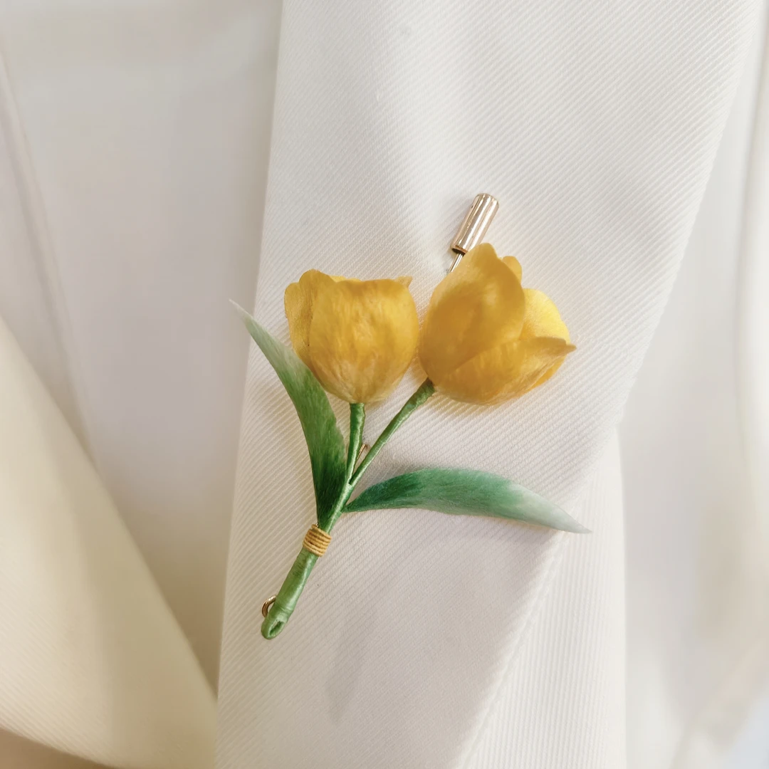 非遗手工绒花黄色【郁金香】胸针胸花新中式国风立体百搭时尚