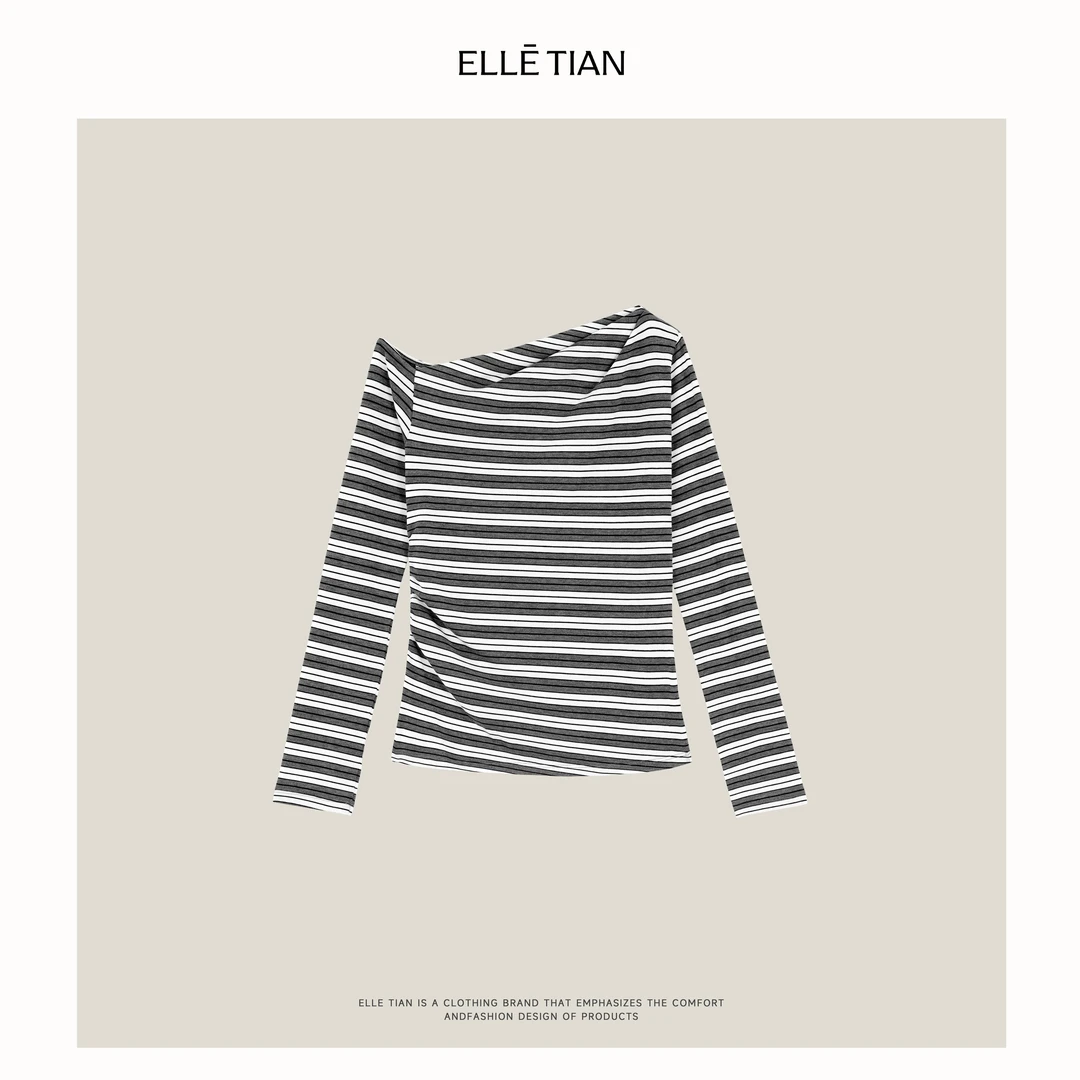 ELLE-TIAN "条纹ootd"2025早秋新款斜肩条纹上衣EAQT001