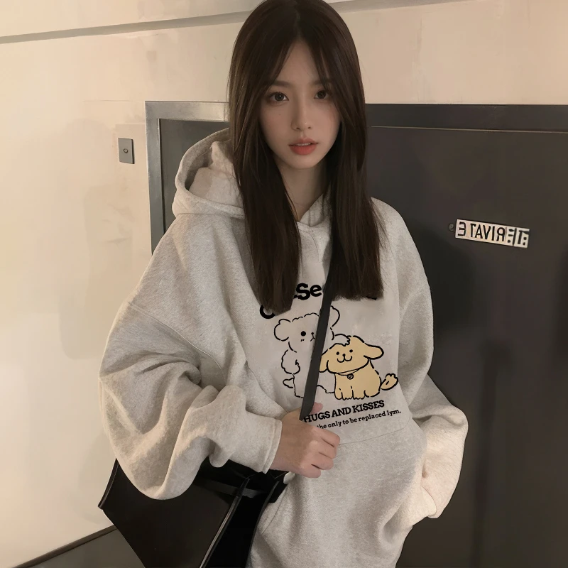 卡通小狗白灰色连帽卫衣女2025新款秋冬爆款宽松上衣加绒加厚外套
