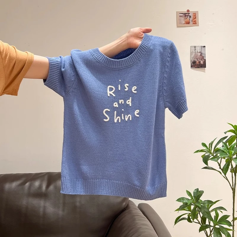 洋气蓝色短袖字母刺绣设计感针织衫女春夏季新款小众显瘦休闲上衣