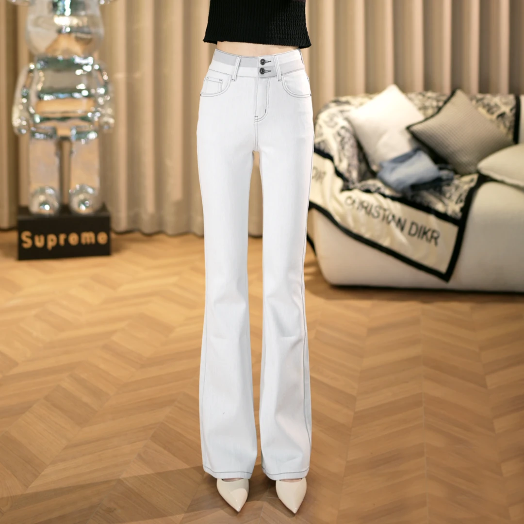 【拼色】春季高腰显瘦刺绣微喇裤四面弹百搭修身喇叭牛仔裤女