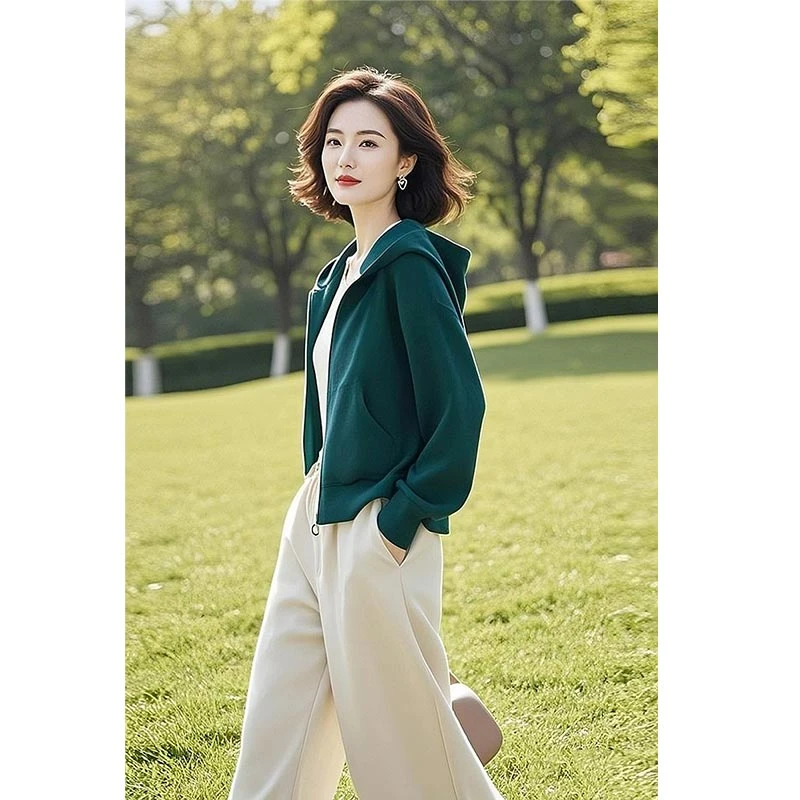 香朵儿休闲风温婉大方衣服女2025春秋新款绿色短款外套百搭上衣