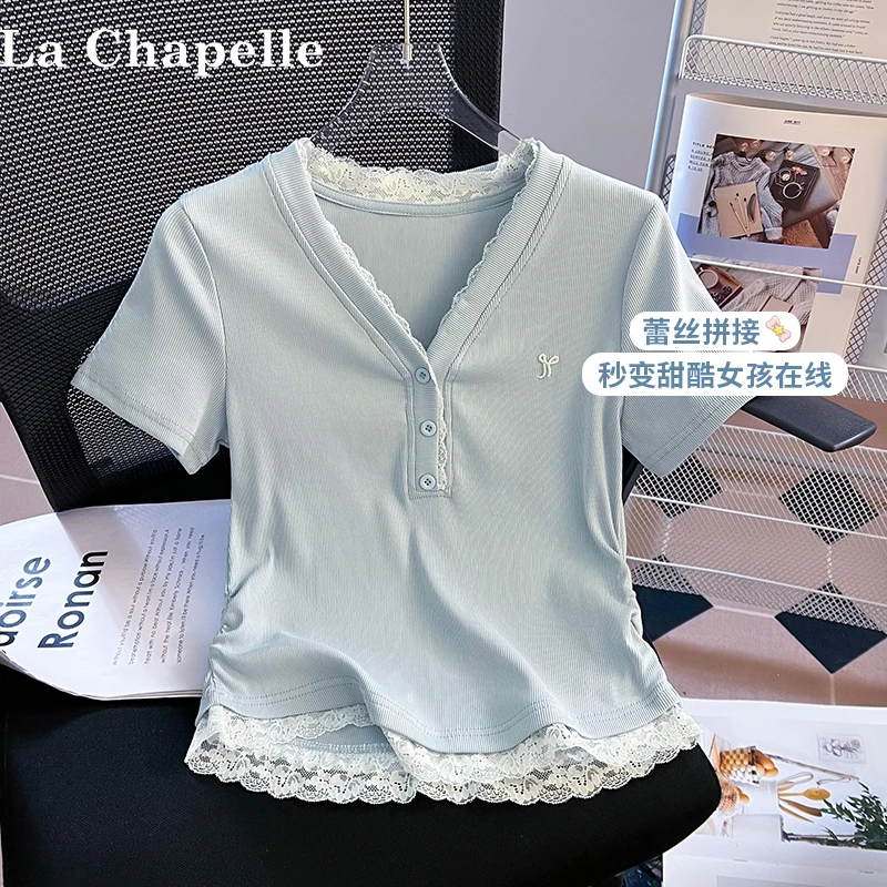 拉夏贝尔蓝色正肩蕾丝短袖T恤女夏季假两件修身显瘦纯欲短款上衣