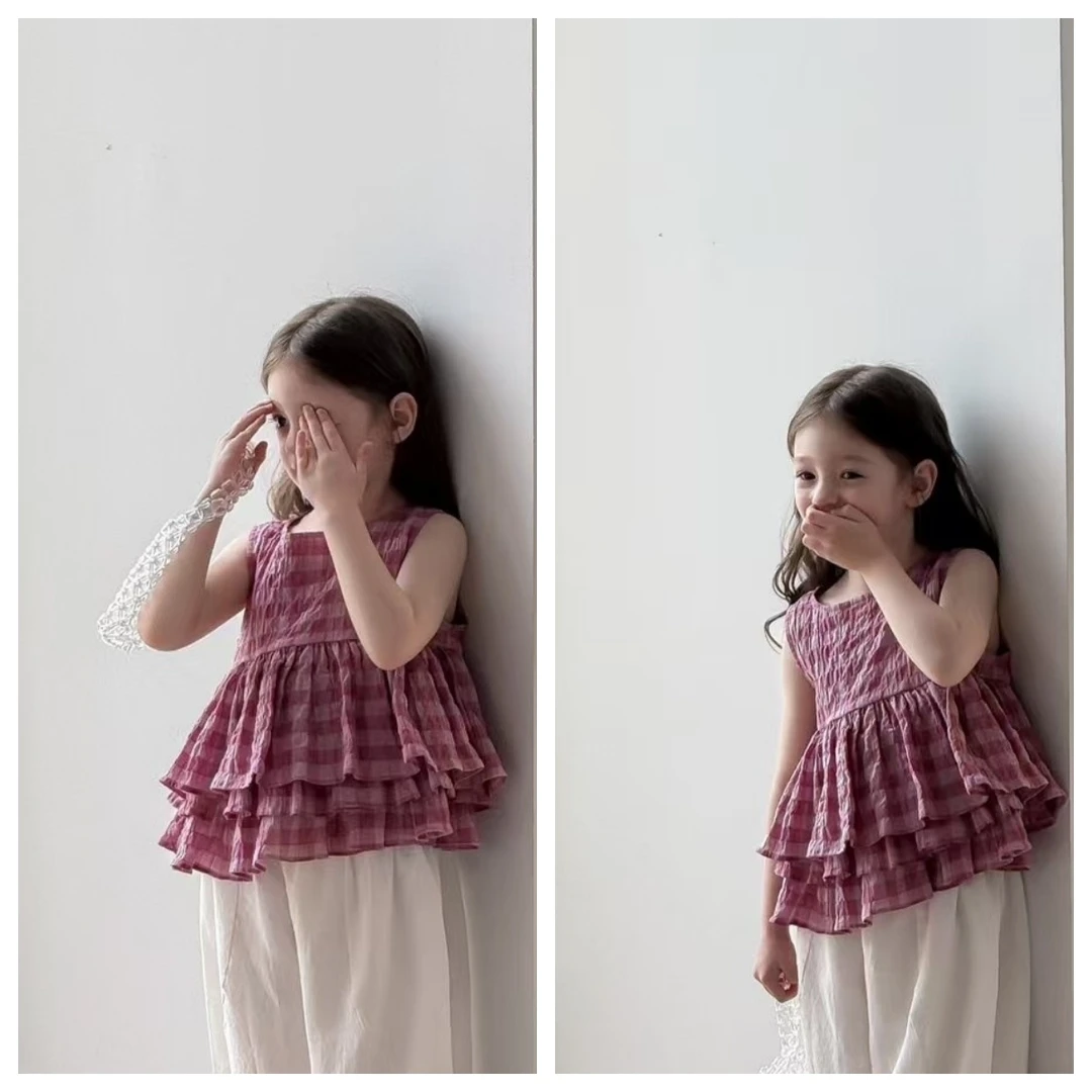 ab.baby女童夏款童装格子甜美无袖娃娃衫蕾丝纯棉直筒九分裤套装