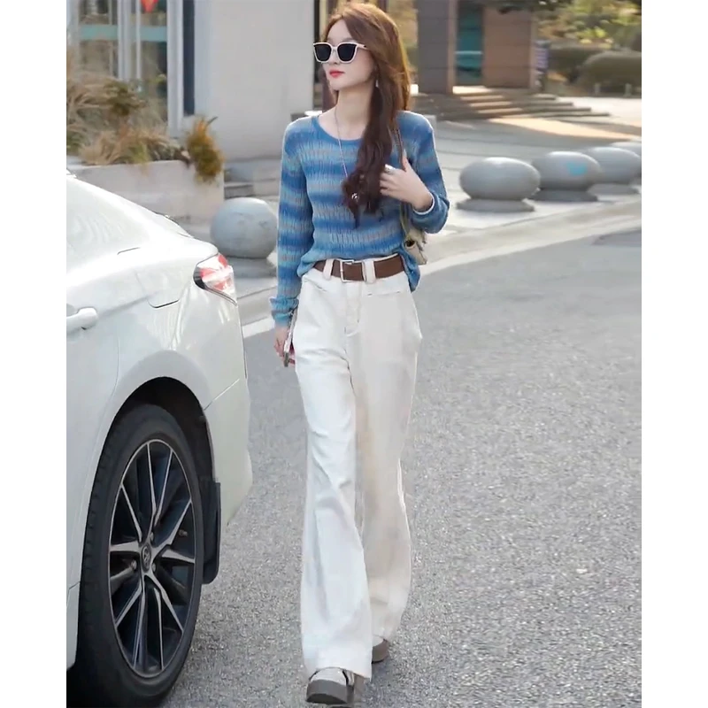秋装搭配一整套2024新款设计感拼色条纹针织衫阔腿牛仔裤两件套潮