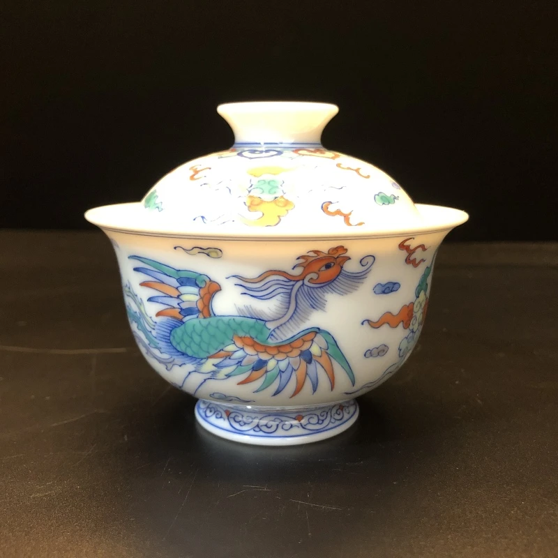 12.13/N200560/00358/斗彩凤凰二才盖碗/口径10/高8.5/150cc