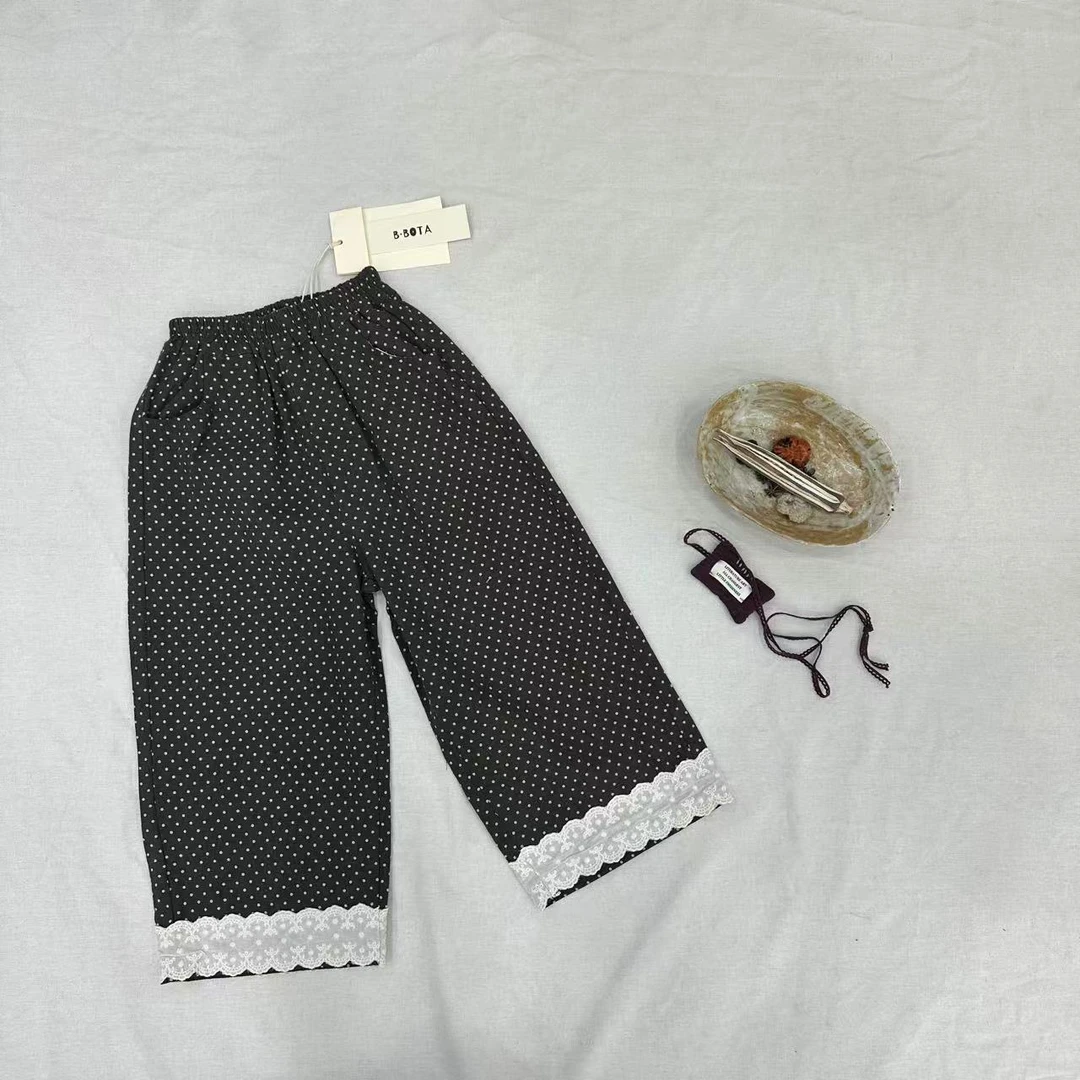 〖姐姐家〗2025春款儿童萌娃穿搭脚口蕾丝波点休闲长裤bt091