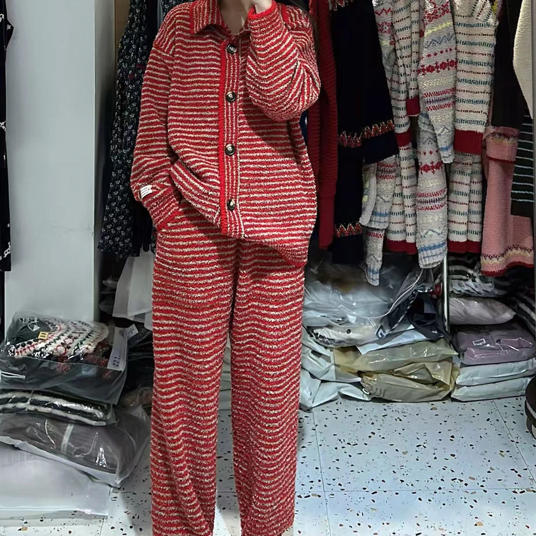 半边绒冬季睡衣套装撞色条纹显瘦加绒加厚保暖家居服二件套女
