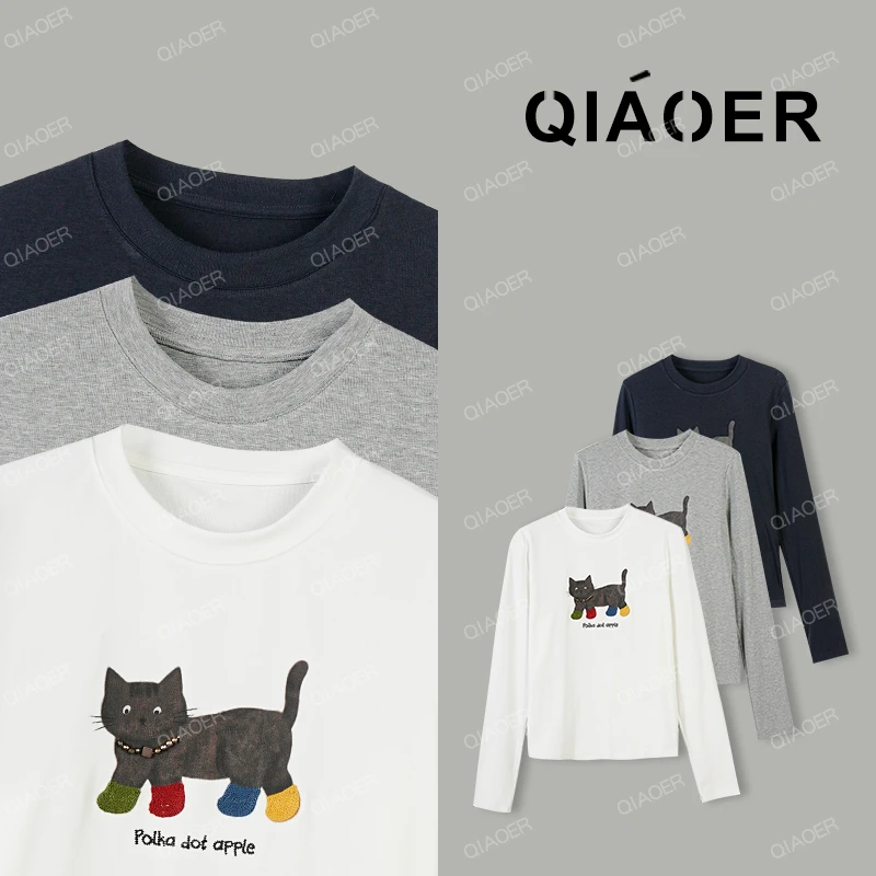 乔儿定制【趣味猫咪t】匹马棉长袖百搭T恤女重工时尚休闲套头上衣潮