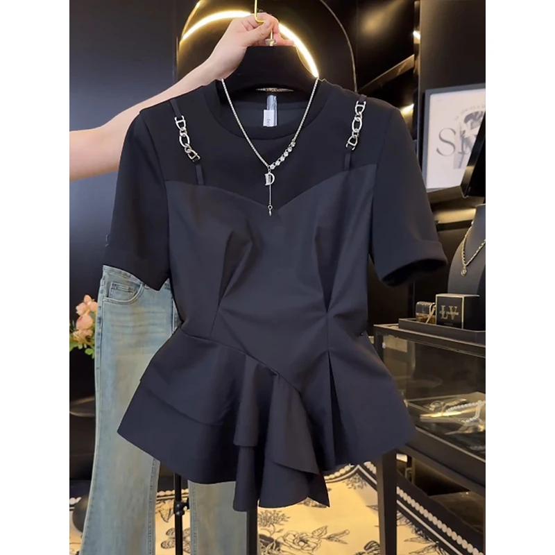 法式轻奢不规则拼接短袖T恤女夏季假两件荷叶边上衣显瘦遮肚小衫