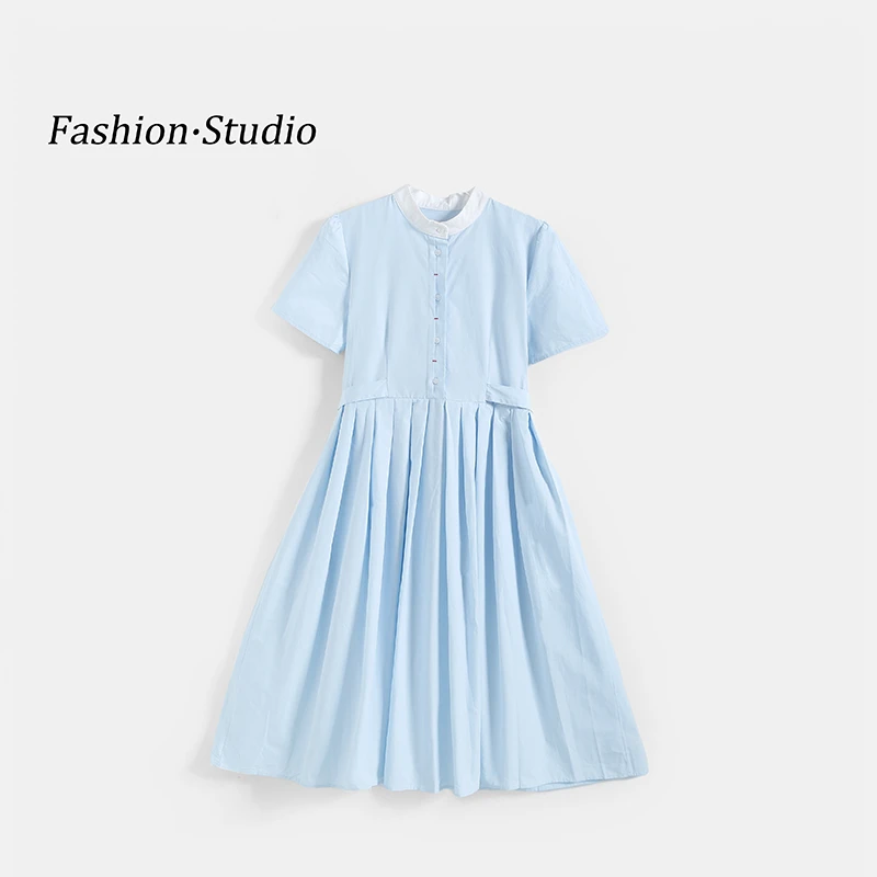 女童夏季连衣裙2025新款学院风时尚中大童学生女夏装简约百褶长裙