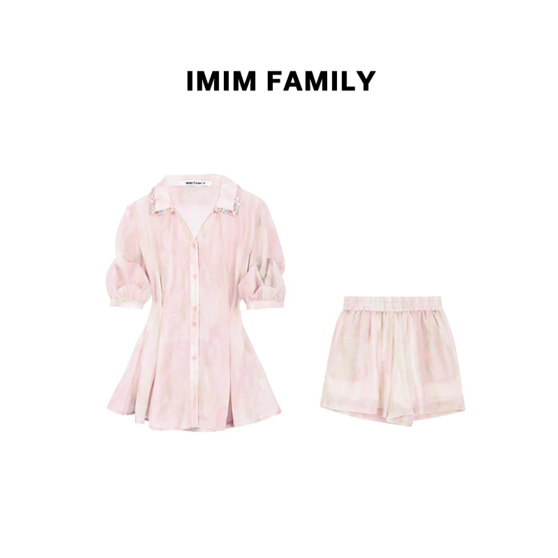 “怦然心动”粉色晕染法式贝壳装饰度假风气质V领衬衫套装女CICI