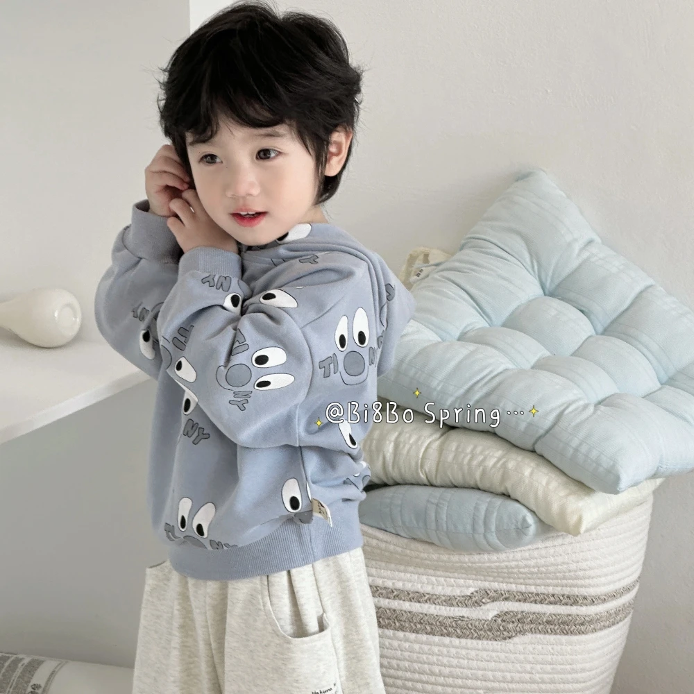 bi8bo春季新款男童上衣休闲韩版卡通长袖满印套头连帽卫衣31131