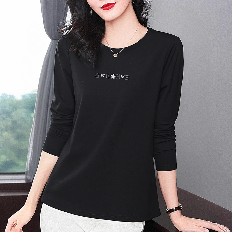 棉质黑色长袖t恤2025春秋季新款女装休闲高级大码上衣宽松打底衫