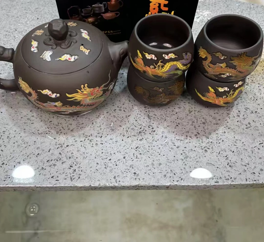 紫砂遇热变色龙凤呈祥500cc大容量凤鸣西施壶一壶四杯