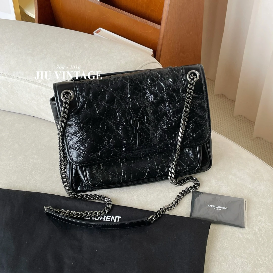 99新 YSL/圣罗兰 黑银niki中号单肩包非D扣BJM12-2216