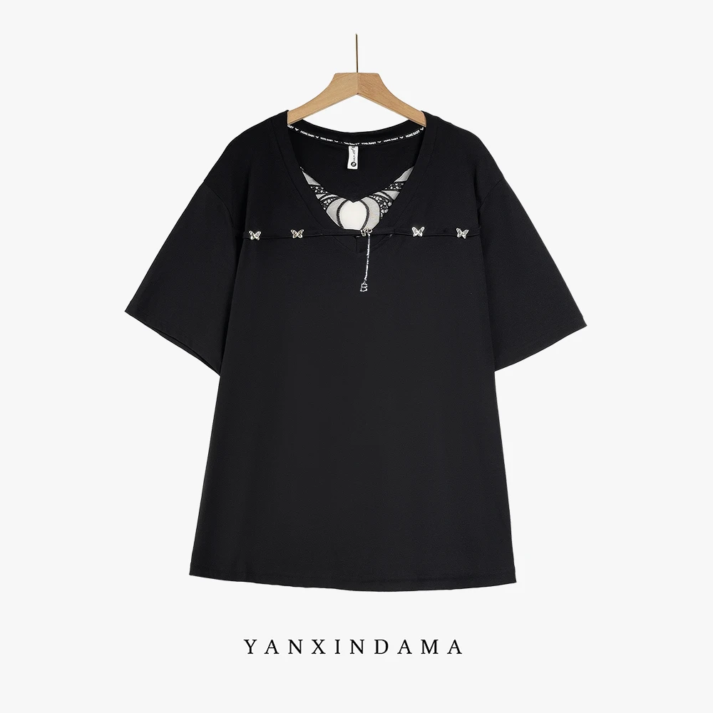 【岩心】大码女装300斤胖MM百搭时尚设计感拼接蕾丝镂空T恤16179