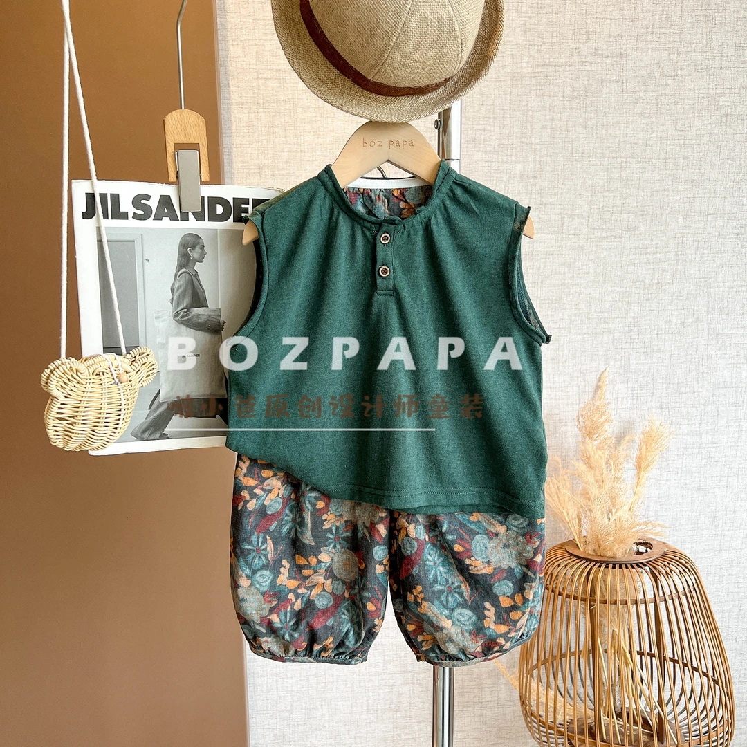 现货蓝麦麦【翡翠慕斯】2025夏季男童韩系休闲领口纽扣设计背心套装
