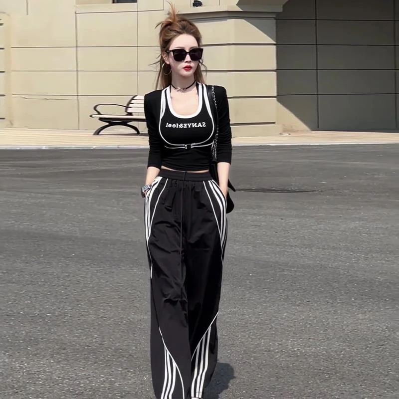 【模特原版】夏季2025新款宽松阔腿裤高腰三条杠休闲裤女+背心开衫