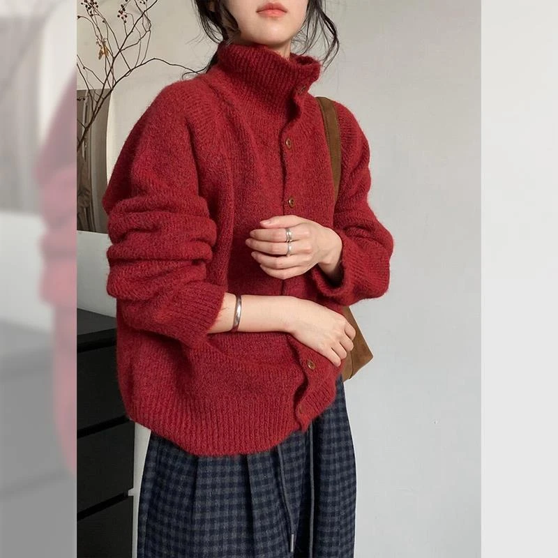 复古新年红色圣诞节高领毛衣外套开衫女秋冬季软糯慵懒风针织上衣