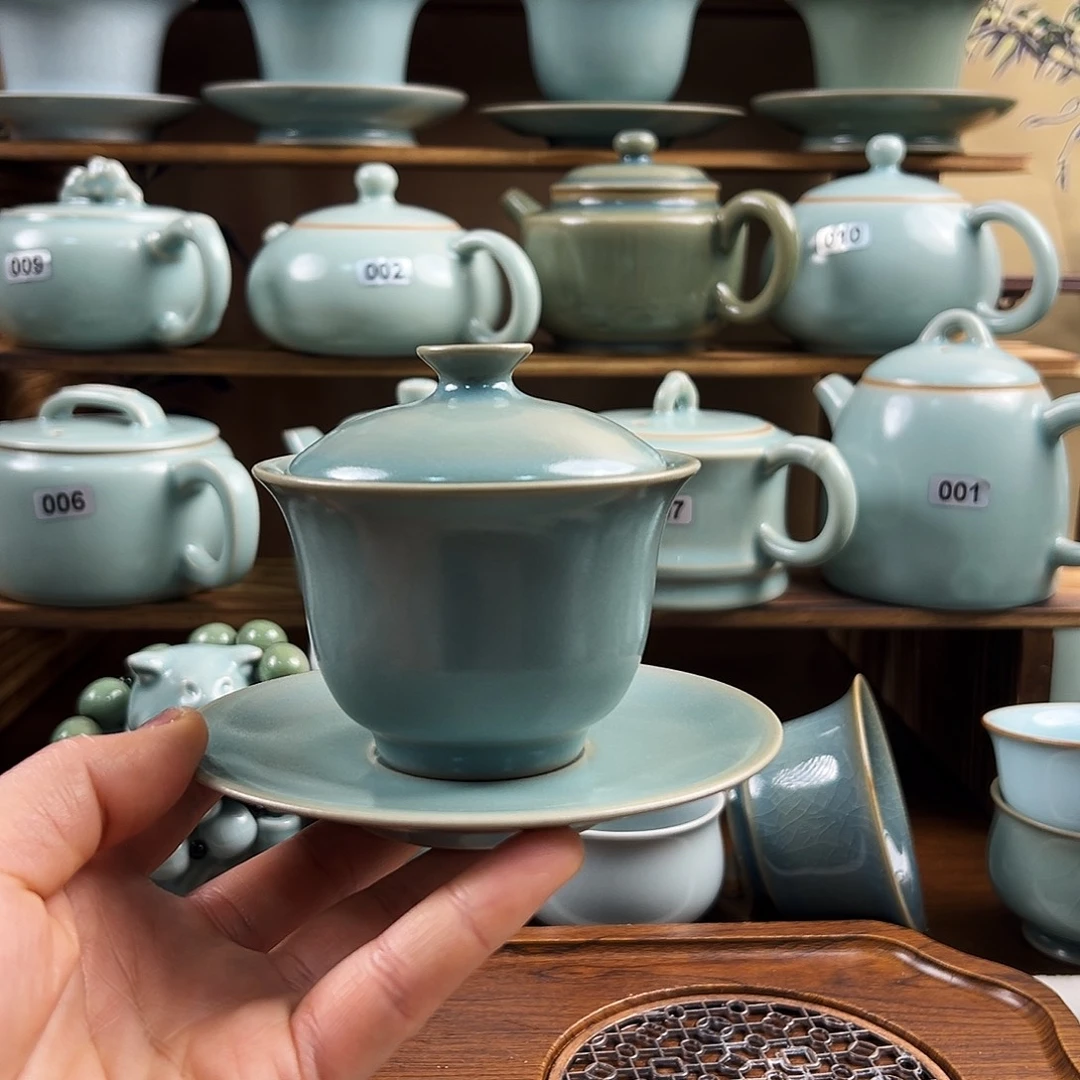 仿古釉水三才盖碗手工