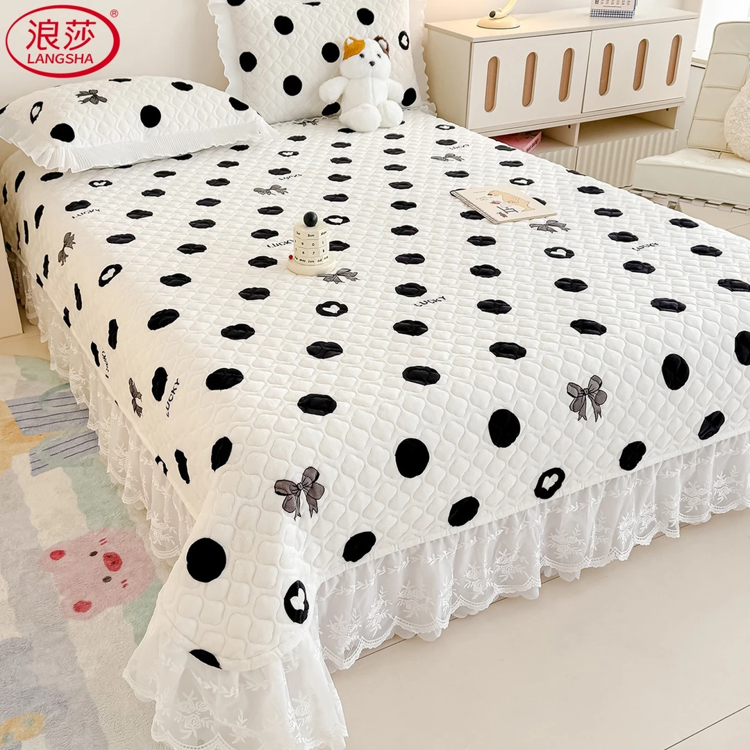 浪莎法式牛奶绒蕾丝花边床盖单双人防滑款加厚珊瑚绒夹棉床单床罩