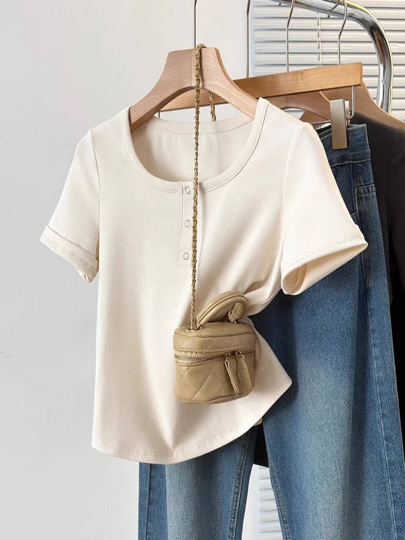 yoewshean/羽媗大码女装2025夏季新款显瘦微胖上衣正肩短袖t恤