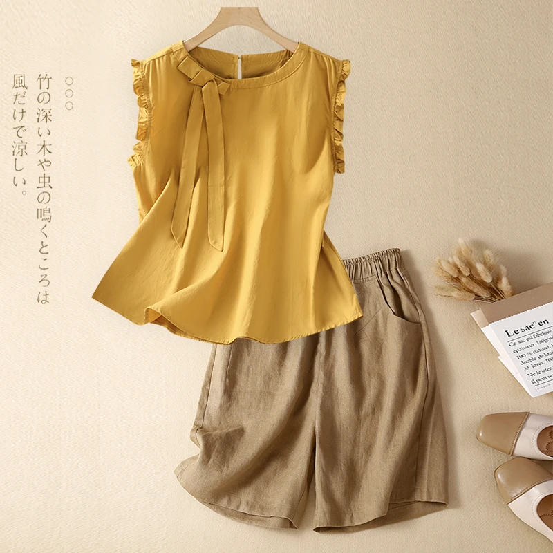 洋气时尚休闲套装女夏季高端减龄苎麻亚麻无袖上衣阔腿短裤两件套